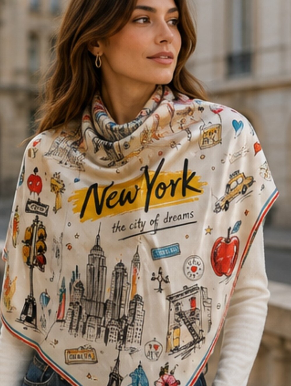 NEW New York City NYC Illustrated Square Scarf Cityscape Travel Print 35"